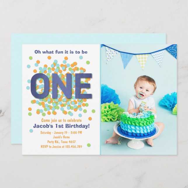 Boy First Birthday Invitation Confetti ONE blue (Devant / Derrière)