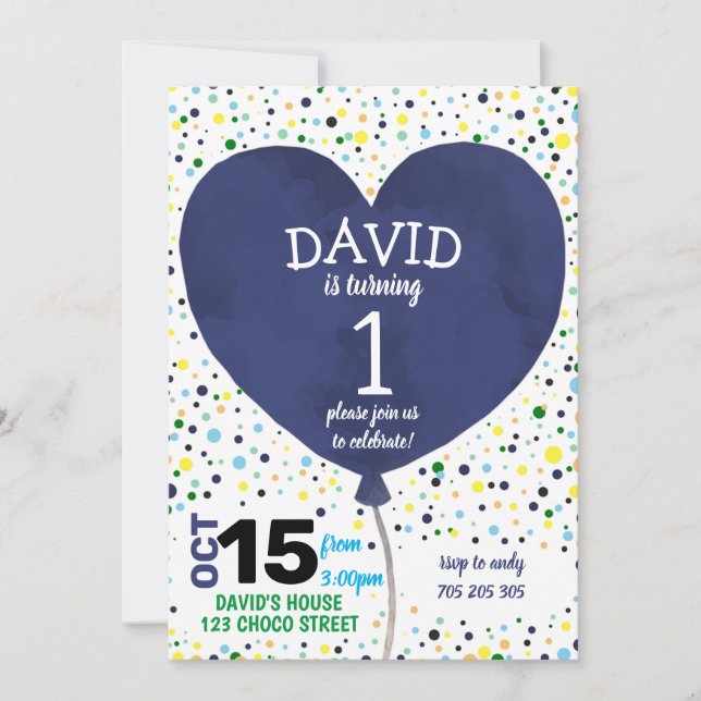 Boy First Birthday Navy Heart Balloon Confetti Einladung (Vorderseite)