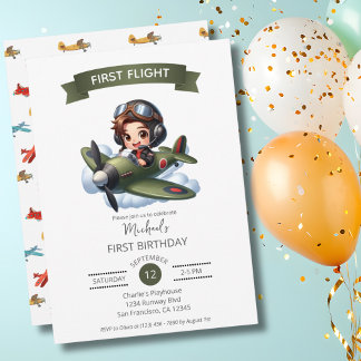 Boy First Birthday Pilot Vintage Airplane Clouds Einladung