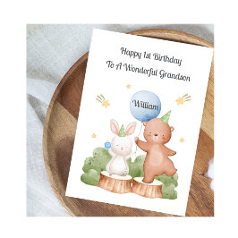 Boy First Birthday Woodland Rabbit Bear Card Karte