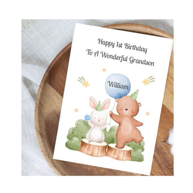Boy First Birthday Woodland Rabbit Bear Card Karte (Von Creator hochgeladen)
