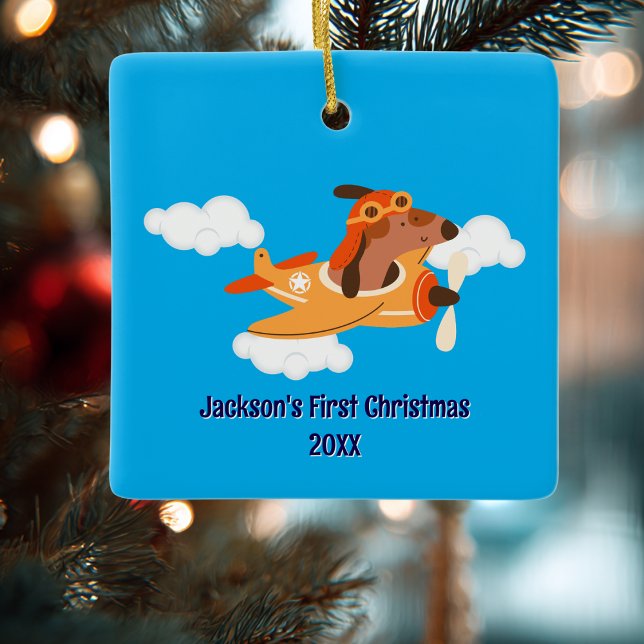 Boy First Christmas Dog Pilot Airplane Cloud Funny Keramikornament (Von Creator hochgeladen)