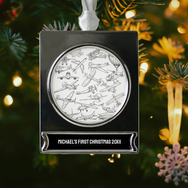 Boy First Christmas Hand Drawn Airplanes Aviation  Banner-Ornament Silber (Von Creator hochgeladen)