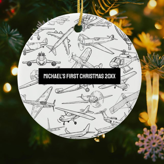 Boy First Christmas Hand Drawn Airplanes Aviation  Keramik Ornament (Von Creator hochgeladen)