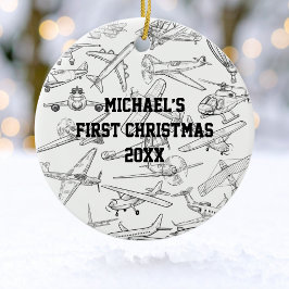 Boy First Christmas Hand Drawn Airplanes Photo Keramik Ornament