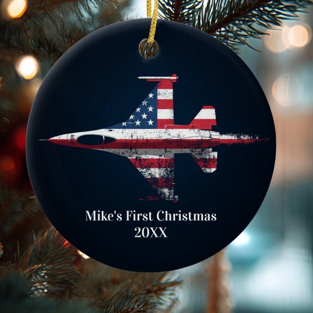 Boy First Christmas Jet Fighter US Airplane Custom Keramik Ornament (Von Creator hochgeladen)