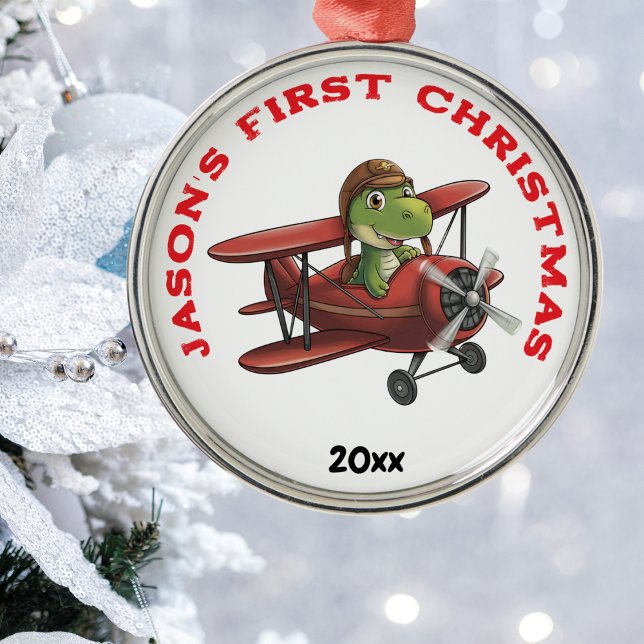 Boy First Christmas Niedlich Airplane Dinosaurier Ornament Aus Metall (Von Creator hochgeladen)