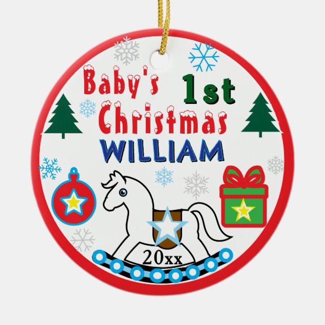 Boy First Christmas PHOTO White Horse  Keramik Ornament (Vorne)