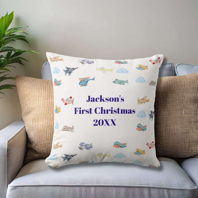 Boy First Christmas Watercolor Airplanes Clouds Kissen (Von Creator hochgeladen)
