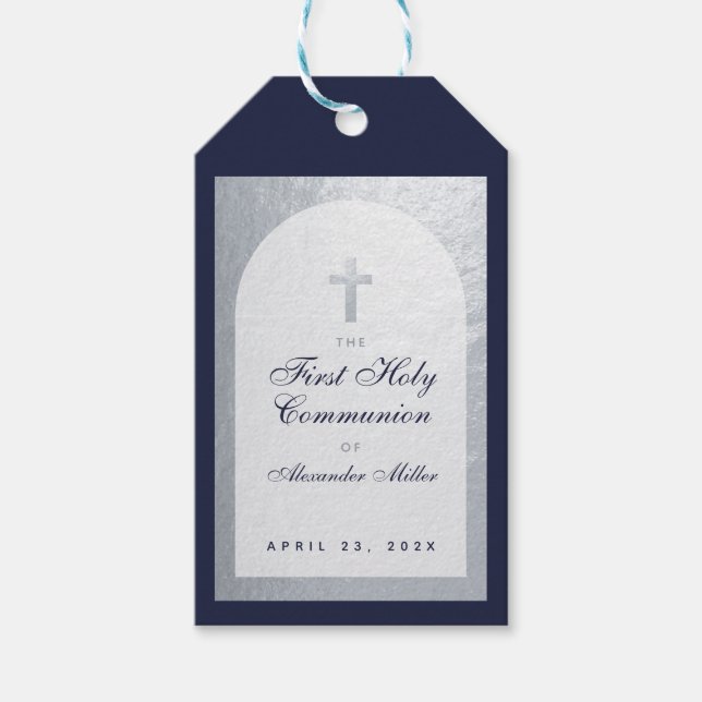 Boy First Communion Arch Navy Blue Imitats Silver Geschenkanhänger (Vorderseite)
