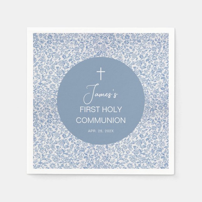Boy First Communion Blue and White Floral Pattern Serviette (Vorderseite)
