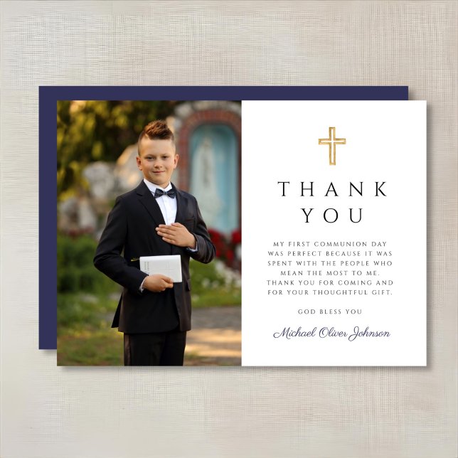 Boy First Communion Blue Cross Foto Dankeskarte (Boy First Communion Blue Cross Photo Thank You Card)