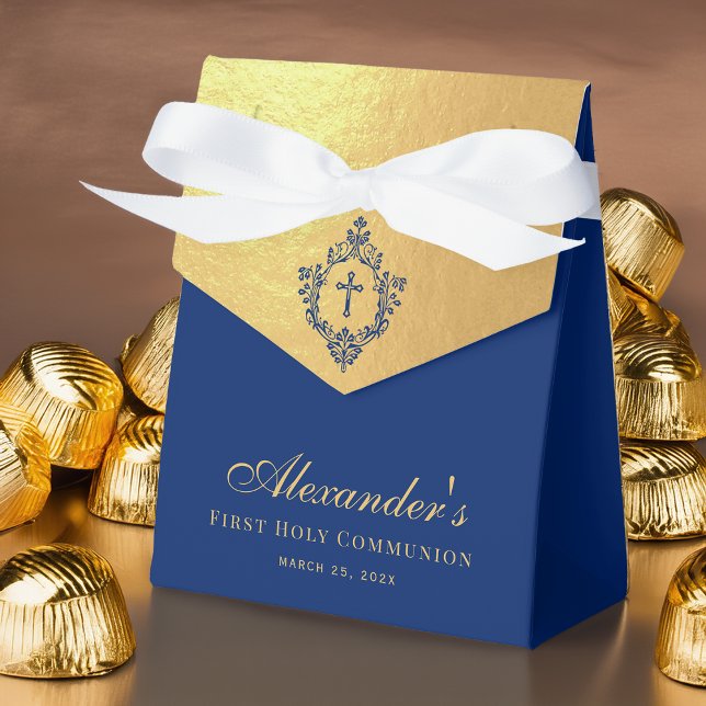 Boy First Communion Blue Cross in Crest Faux Gold Geschenkschachtel (Von Creator hochgeladen)