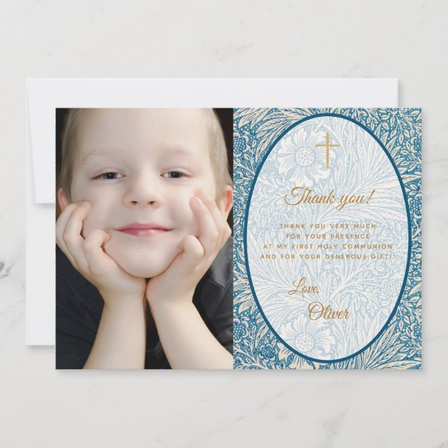 Boy First Communion Blue Floral Gold Foto Dankeskarte (Vorderseite)