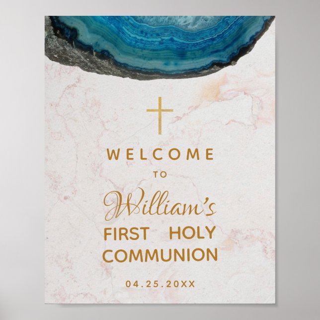 Boy First Communion Blue Geode Marble Willkommen Poster (Vorne)
