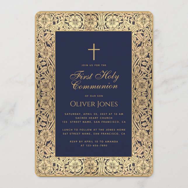 Boy First Communion Blue Gold Floral Frame Elegant Einladung (Vorderseite)