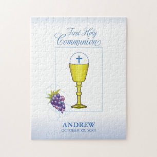 Boy First Communion, Chalice with Host and Grapes
