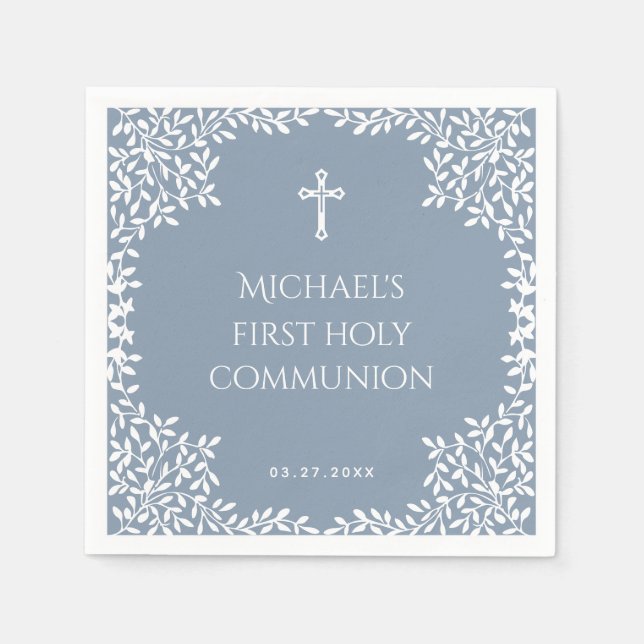Boy First Communion Dusty Blue White Leaves Ornate Serviette (Vorderseite)