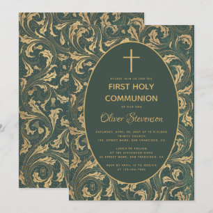 Boy First Communion Gold Cross Vintag Thistle Einladung