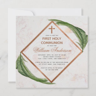 Boy First Communion Grüne Kupfer Marmor Fern Einladung