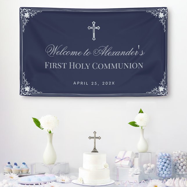 Boy First Communion Navy Blue Elegantes Verziertes Banner (Von Creator hochgeladen)