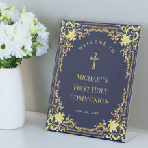 Boy First Communion Navy Blue Gold Elegant Willkom