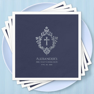 Boy First Communion Navy Vintag Cross Wappen Serviette