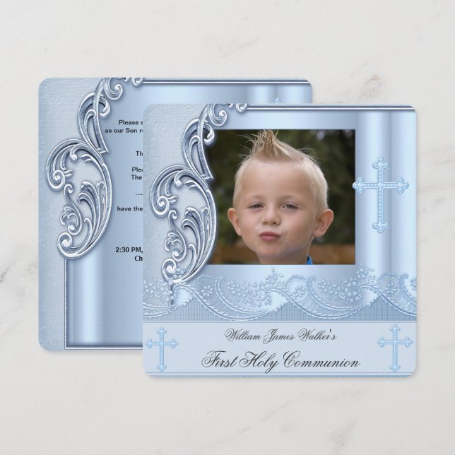 Boy First Heilige Kommunion Blue Foto Bestätigung  Einladung (Vorne/Hinten)