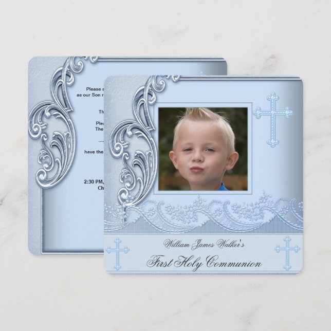 Boy First Heilige Kommunion Blue Foto Bestätigung  Einladung (Vorne/Hinten)