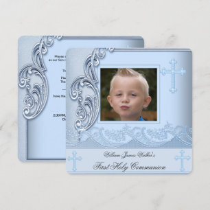 Boy First Heilige Kommunion Blue Foto Bestätigung Einladung