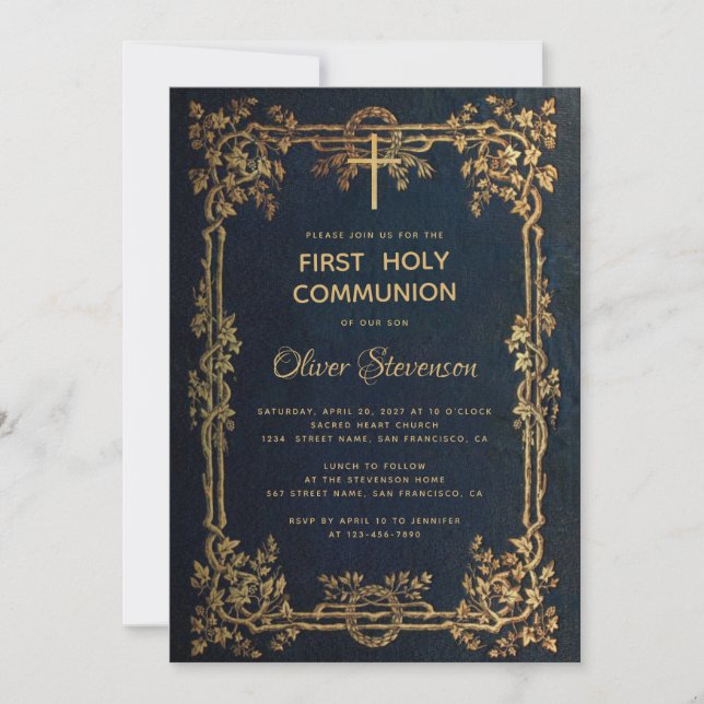 Boy First Heilige Kommunion Blue Gold Blätter Vint Einladung (Vorderseite)