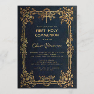 Boy First Heilige Kommunion Blue Gold Blätter Vint Einladung