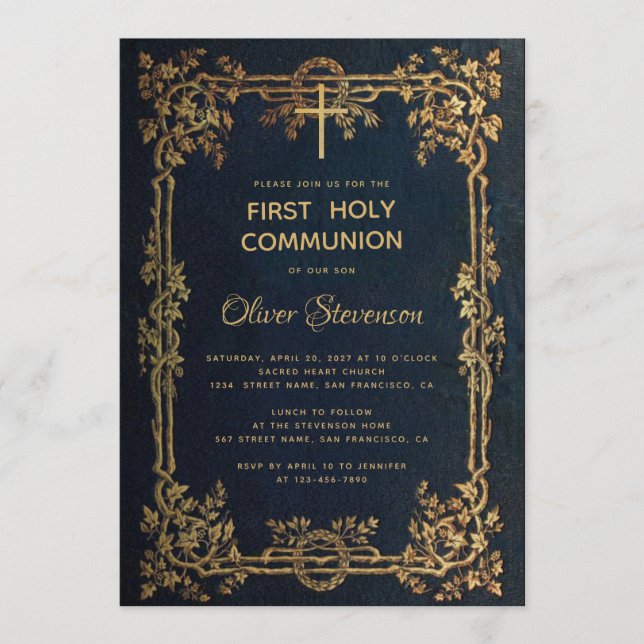 Boy First Heilige Kommunion Blue Gold Blätter Vint Einladung (Vorderseite)