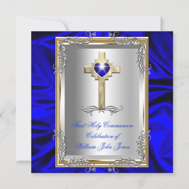 Boy First Heilige Kommunion Silver Gold Royal Blue Einladung (Vorderseite)