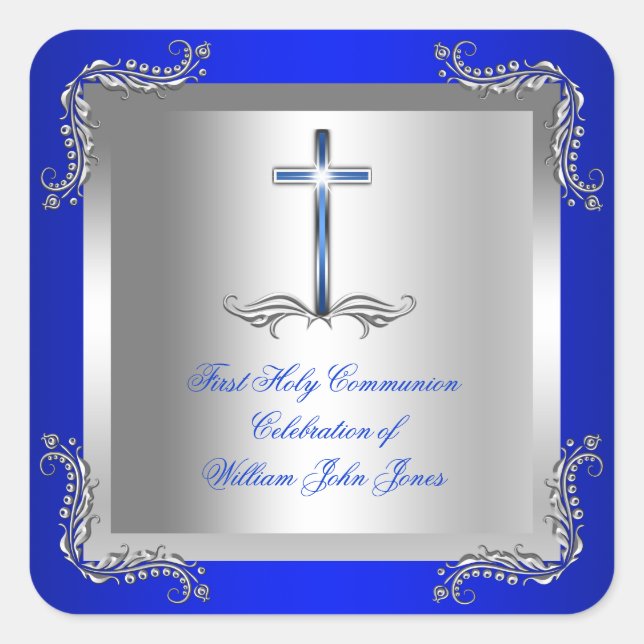 Boy First Heilige Kommunion Silver Royal Blue 2T Quadratischer Aufkleber (Vorderseite)