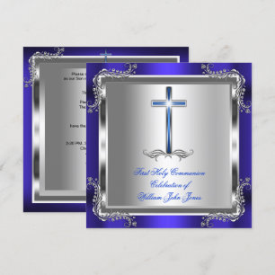 Boy First Heilige Kommunion Silver Royal Blue 3b Einladung