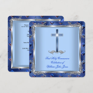 Boy First Heilige Kommunion Silver Royal Blue 4B Einladung