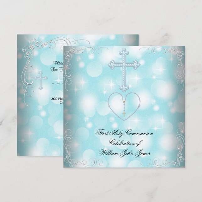 Boy First Heilige Kommunion White Blue Einladung (Vorne/Hinten)