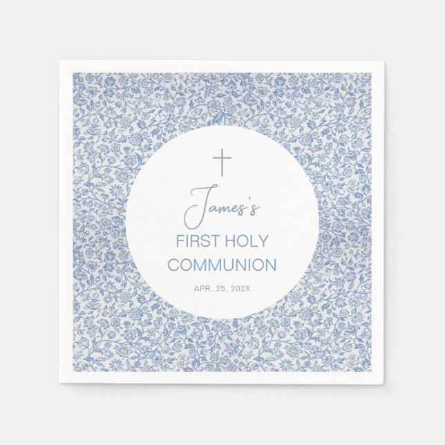 Boy First Holy Communion Blue White Floral Pattern Serviette (Vorderseite)