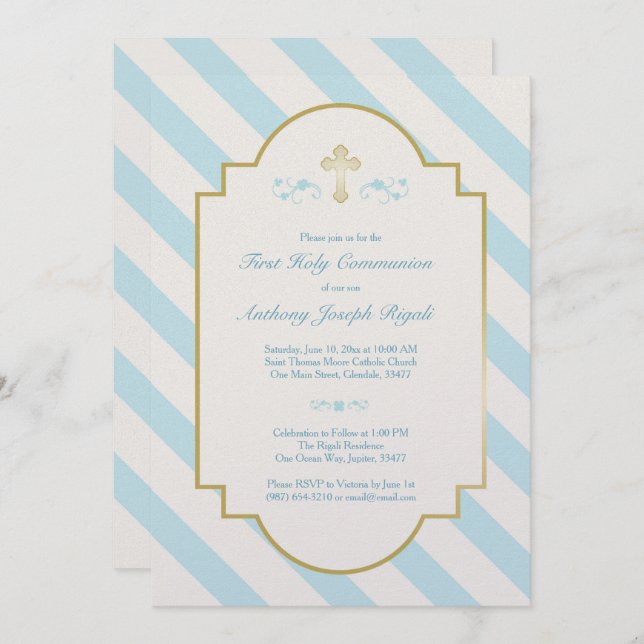 Boy First Holy Communion Invitation Blue Stripes (Devant / Derrière)
