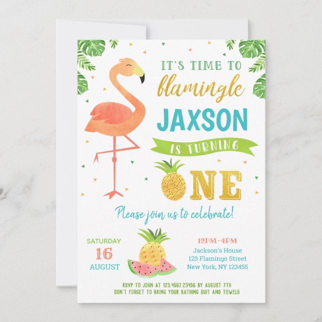 Boy Flamant rose Luau 1er anniversaire Invitations (Devant)