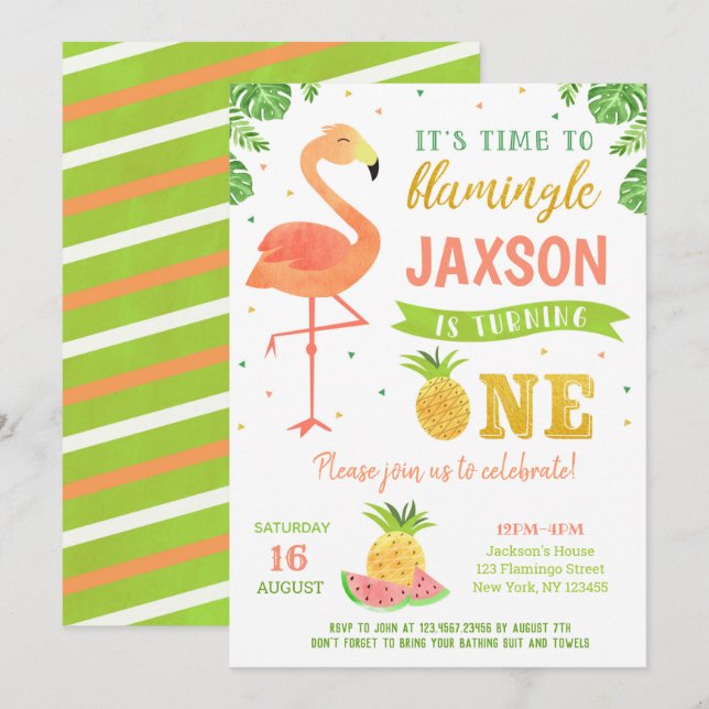 Boy Flamingo Luau Erster Geburtstag Einladungen (Vorne/Hinten)
