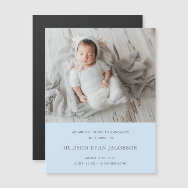 Boy Foto Blue Simple Birth Announcement Magnet (Vorne/Hinten)