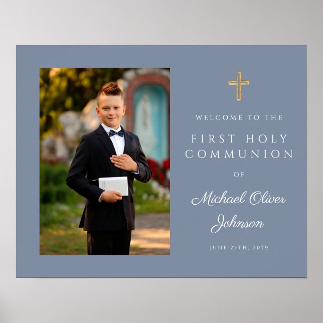 Boy Foto First Communion Dusty Blue Poster (Vorne)