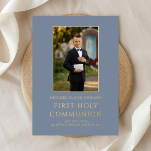 Boy Foto First Heilige Kommunion Blue Gold Folieneinladung