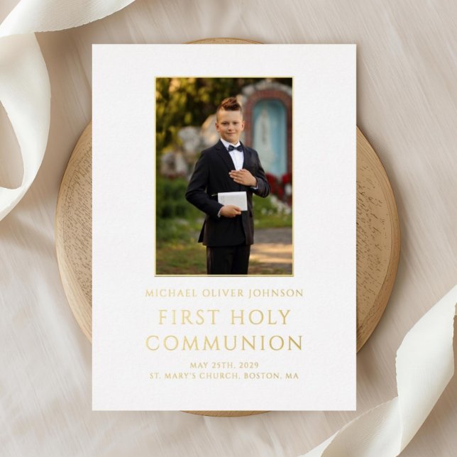 Boy Foto First Heilige Kommunion Gold Folieneinladung (Elegant Boy Photo First Holy Communion Gold Foil Invitation)
