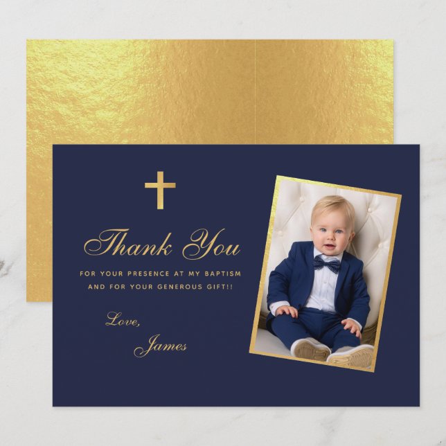 Boy Foto Taufen Imitate Gold Foil Navy Blue Script Dankeskarte (Vorne/Hinten)