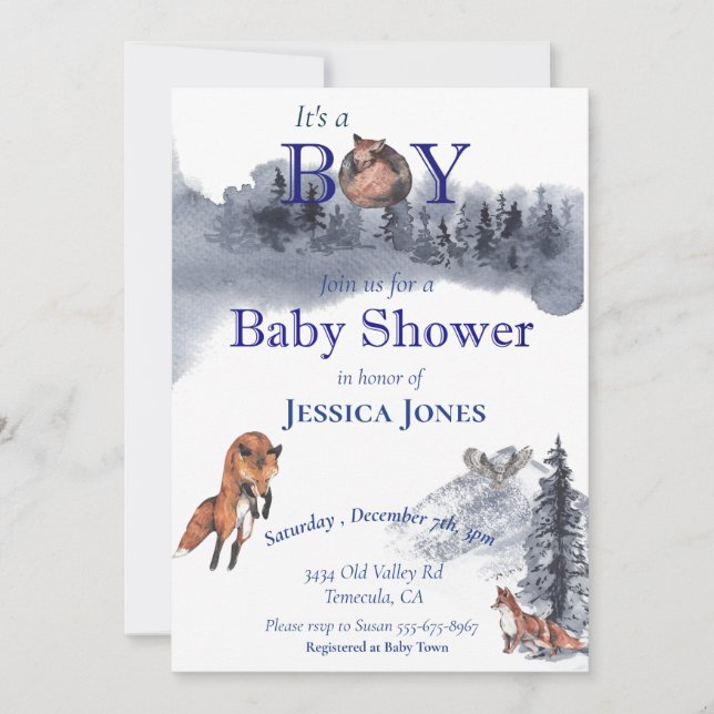 Boy Fox Baby Dusche Winterwald Einladung (Vorderseite)