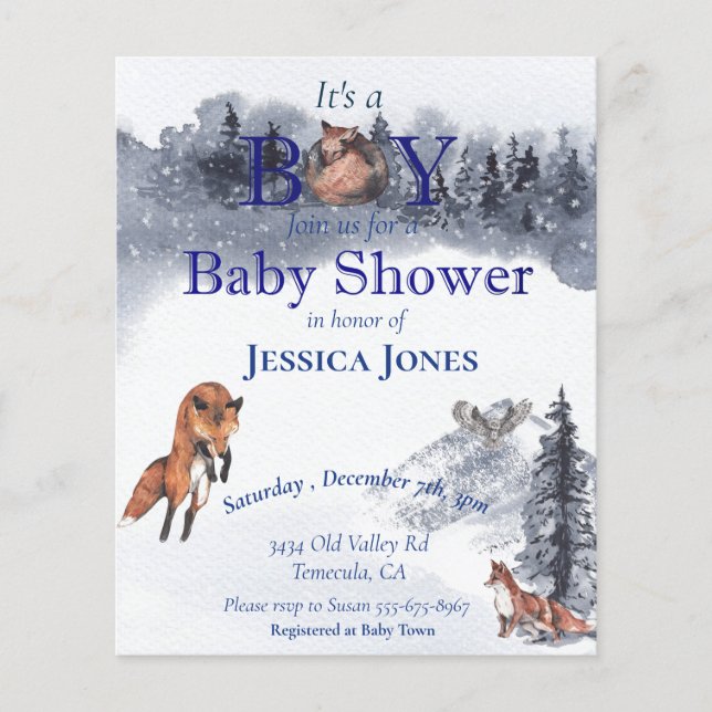 Boy Fox Babydusche Winterwald Einladung Flyer (Vorne)