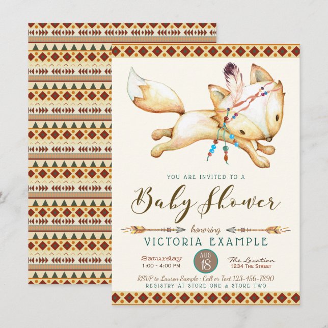 Boy Fox Tribal Aztec Baby Shower Invitations (Devant / Derrière)